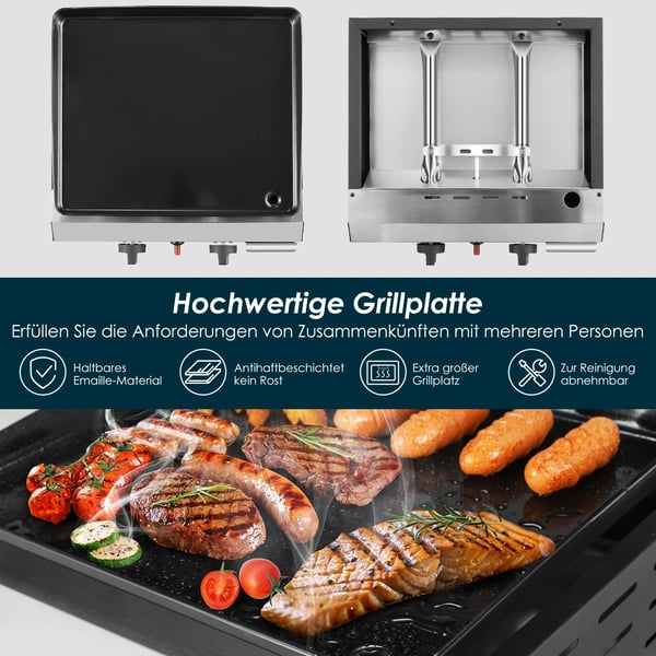 Gasgrill - 2‑brænder bordgrill - Naturgas - Rustfrit stål - Let at rengøre - Bærbar til camping - Rød
