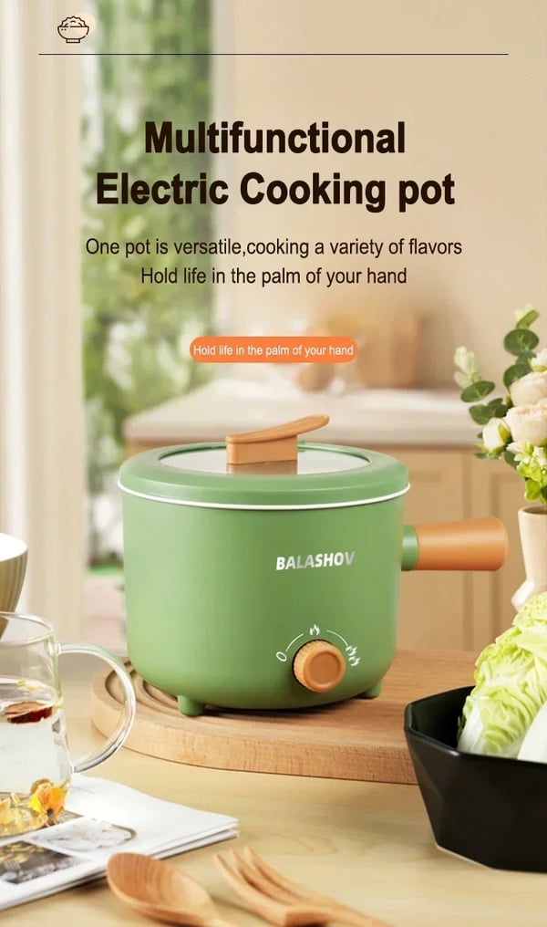 Elektrisk multikoger - Hotpot/gryde - 1,7 l, 860–1000 W, 220 V EU-stik, slip-let keramisk indsats, rustfrit stål, tørkogebeskyttelse - Grøn