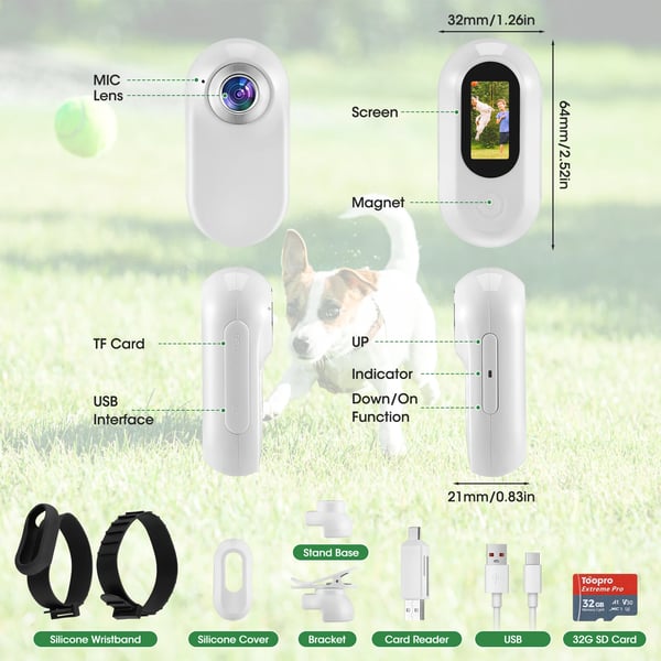 Hundehalsbånd med kamera - 1080p video - 170° vidvinkel - 32 GB SD-kort - USB-genopladelig - Nylon - Sort