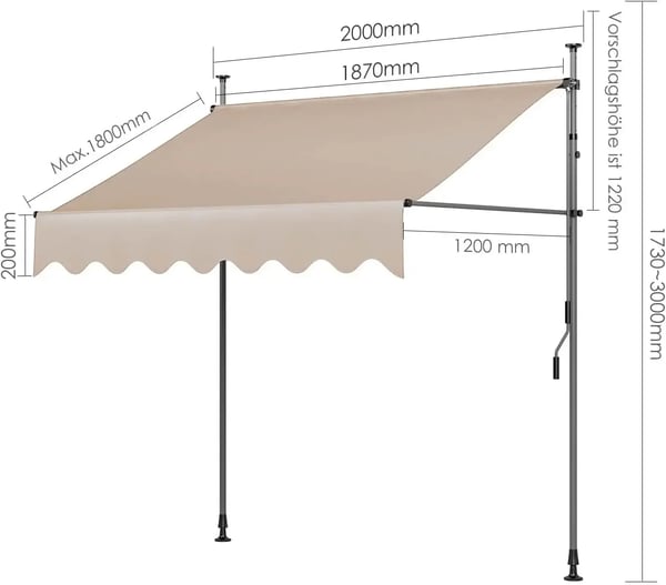 Altanmarkise - 200 x 120 cm - Manuel Håndsving - Indtrækkelig - Klemmebeslag Uden Boring - UV 50+ - PU-belagt Dug, Aluminiumsramme - Khaki