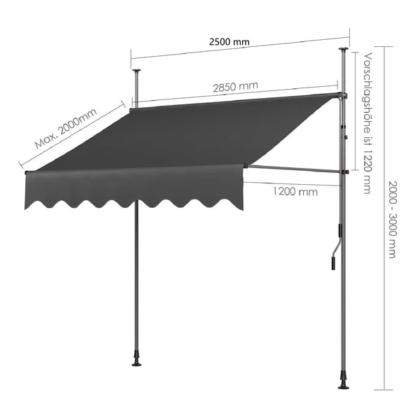 Parvekkeen markiisi - Käsiveivillä vedettävä 250 x 120 cm - Puristuskiinnitys ilman porausta - UV 50+ - PU-pinnoitettu kangas - Tummanharmaa