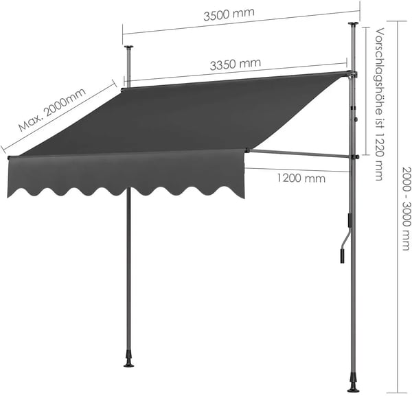 Parvekemarkiisi - Käsikampi - 350 x 120 cm - Sisäänvedettävä - Klemmikiinnitys ilman porausta - UV-suoja UPF 50+ - PU-pinnoite - Harmaa