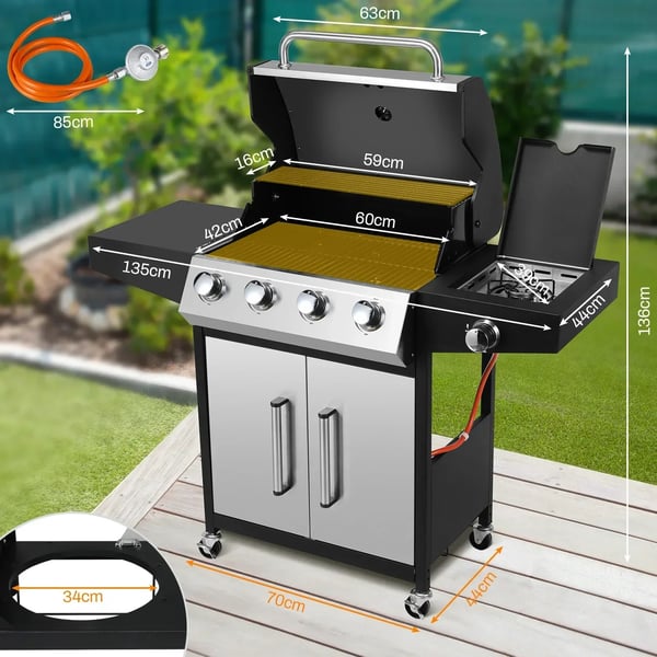Gasgrill - Grillvogn 4+1 - Sidebrænder - Naturgas - Rustfrit stål - 52.000 BTU - Stor grillflade - Sølv