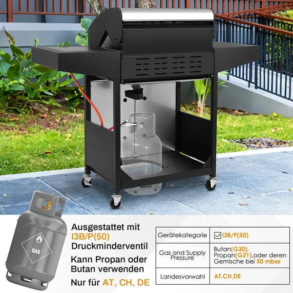 Gasgrill - Grillvogn 4+1 - Sidebrænder - Naturgas - Rustfrit stål - 52.000 BTU - Stor grillflade - Sølv