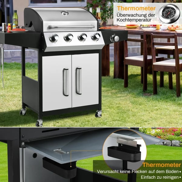 Gasgrill - Grillvogn 4+1 - Sidebrænder - Naturgas - Rustfrit stål - 52.000 BTU - Stor grillflade - Sølv