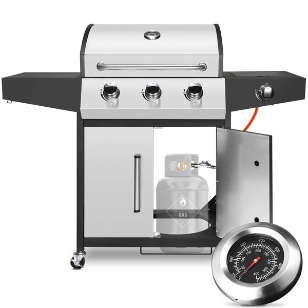 BBQ Gasgrill - 3+1 Brændere - 24.000 BTU - Naturgas - Rustfrit Stål, Porcelænsemalje - Grillvogn med Sidebrænder og Sidebord - Sølv BBQ Gasgrill - 3+1 Brændere - 24.000 BTU - Naturgas - Rustfrit Stål, Porcelænsemalje - Grillvogn med Sidebrænder og Sidebord - Sølv