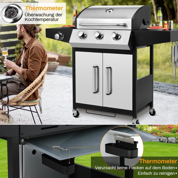 BBQ Kaasugrilli - 3+1 Poltinta - 24 000 BTU - Maakaasu - Ruostumaton Teräs, Posliiniemali - Kärrymalli Sivupolttimella ja Sivutasolla - Hopea