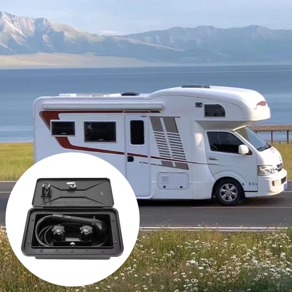 Udendørs bruser til autocamper/campingvogn/båd - Bruseboks-sæt - Varm/kold omskifter - Bruserhoved og slange - Lås med nøgler - Sort