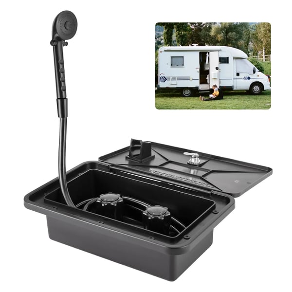 Udendørs bruser til autocamper/campingvogn/båd - Bruseboks-sæt - Varm/kold omskifter - Bruserhoved og slange - Lås med nøgler - Sort