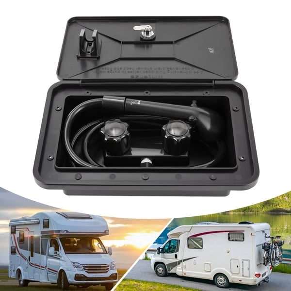 Udendørs bruser til autocamper/campingvogn/båd - Bruseboks-sæt - Varm/kold omskifter - Bruserhoved og slange - Lås med nøgler - Sort