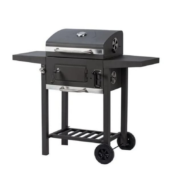 Stor kulgrill-smoker, bærbar 100 cm, sort, låg med termometer, justerbar grillrist