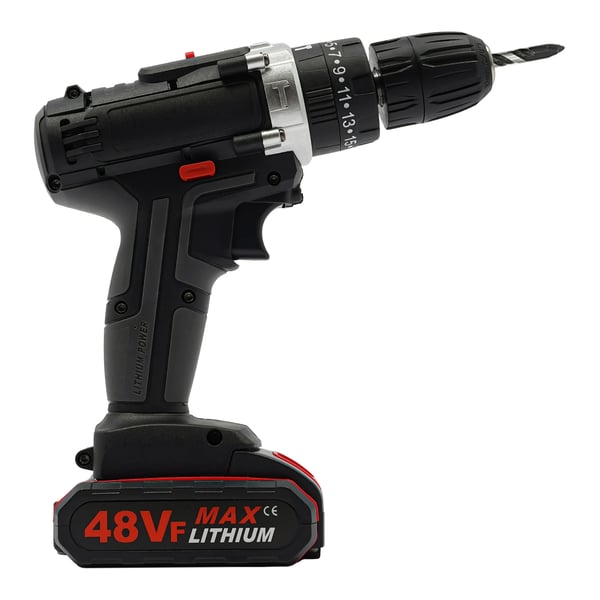 Elektrisk borehammer, børstet motor, 48VF batteridrevet, 25–28 Nm, 2 batterier + 1 lader, EU-stik, sort