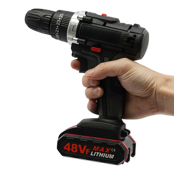 Elektrisk borehammer, børstet motor, 48VF batteridrevet, 25–28 Nm, 2 batterier + 1 lader, EU-stik, sort