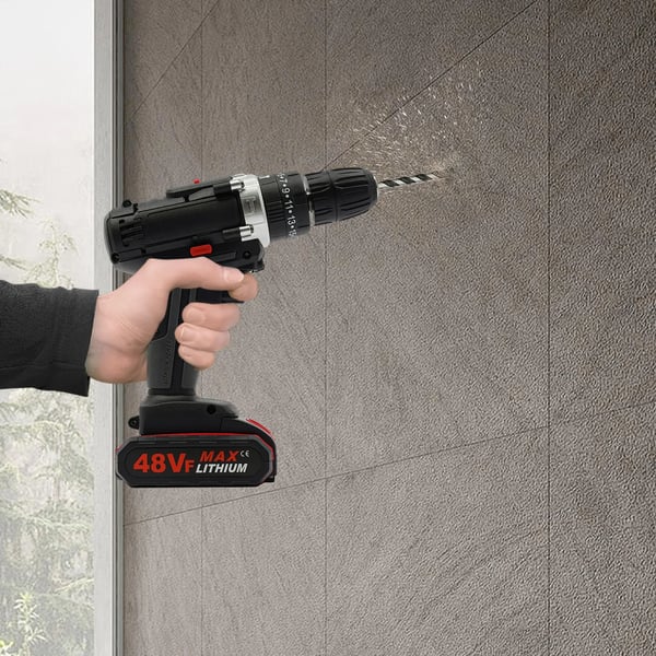 Elektrisk borehammer, børstet motor, 48VF batteridrevet, 25–28 Nm, 2 batterier + 1 lader, EU-stik, sort