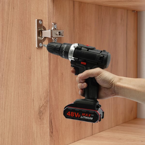 Elektrisk borehammer, børstet motor, 48VF batteridrevet, 25–28 Nm, 2 batterier + 1 lader, EU-stik, sort