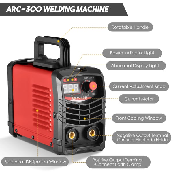 MMA ARC Svejseapparat - Inverter - 300A - IGBT - LCD - Bærbar - Med Elektrodetang, Svejsepinde Og Handsker - Rød