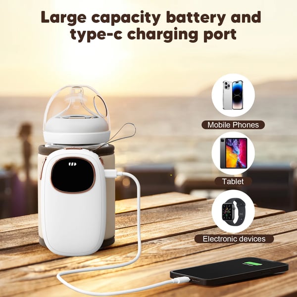 Babyflaskevarmer - Trådløs varmepose - Batteri 5000 mAh - Justerbar i 6 niveauer - USB-C opladning - Langvarig isolering - Bærbar til rejse - Hvid