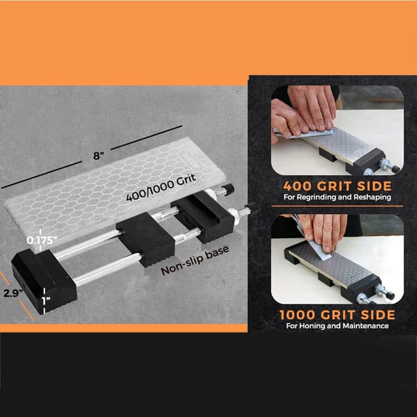 Diamant slibestensæt - Dobbeltsidet 400/1000 korn diamantplade - 20,3 cm - Justerbar skridsikker holder - Til knive og værktøj - Med etui