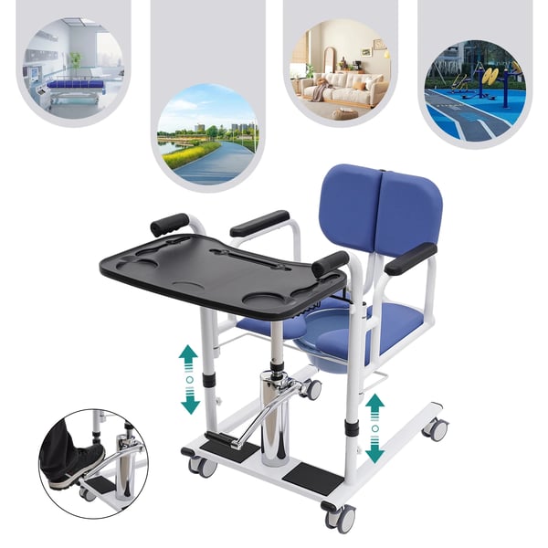 Patient forflytningsstol - Hydraulisk lift & toiletstol - Justerbar højde - 4 hjul med bremser - Ryglæn 180° - Aftagelig potte - Blå