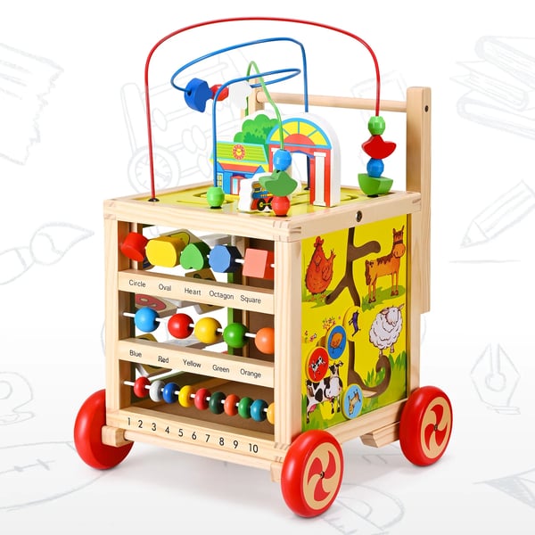 Træ Gåvogn Til Baby - Baby Walker - 4 Hjul, CE-Godkendt, 10 kg Belastning, 1–2 År, Ikke Foldbar, Tegneseriemotiv - Flerfarvet