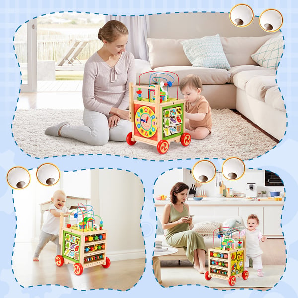 Træ Gåvogn Til Baby - Baby Walker - 4 Hjul, CE-Godkendt, 10 kg Belastning, 1–2 År, Ikke Foldbar, Tegneseriemotiv - Flerfarvet