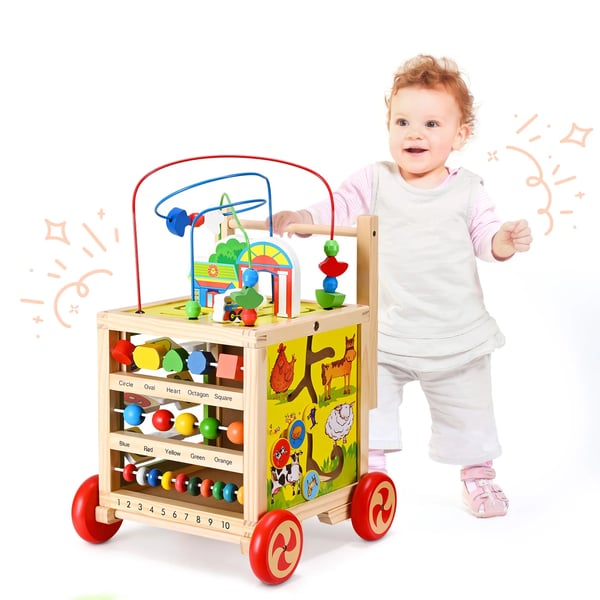 Træ Gåvogn Til Baby - Baby Walker - 4 Hjul, CE-Godkendt, 10 kg Belastning, 1–2 År, Ikke Foldbar, Tegneseriemotiv - Flerfarvet