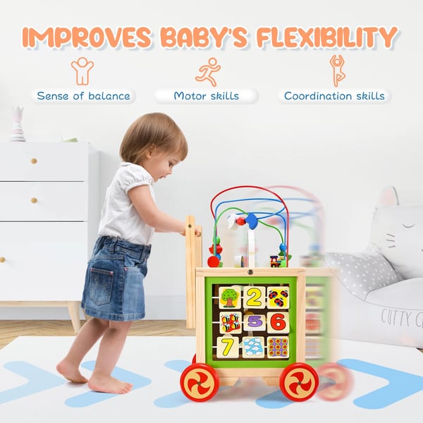 Træ Gåvogn Til Baby - Baby Walker - 4 Hjul, CE-Godkendt, 10 kg Belastning, 1–2 År, Ikke Foldbar, Tegneseriemotiv - Flerfarvet