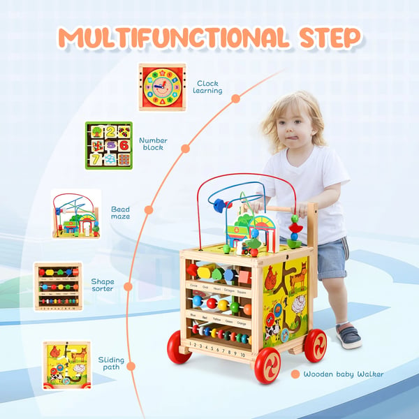 Træ Gåvogn Til Baby - Baby Walker - 4 Hjul, CE-Godkendt, 10 kg Belastning, 1–2 År, Ikke Foldbar, Tegneseriemotiv - Flerfarvet