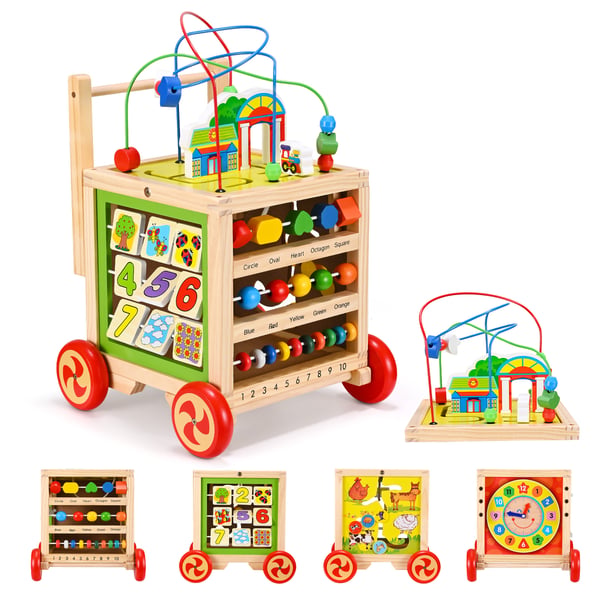 Træ Gåvogn Til Baby - Baby Walker - 4 Hjul, CE-Godkendt, 10 kg Belastning, 1–2 År, Ikke Foldbar, Tegneseriemotiv - Flerfarvet
