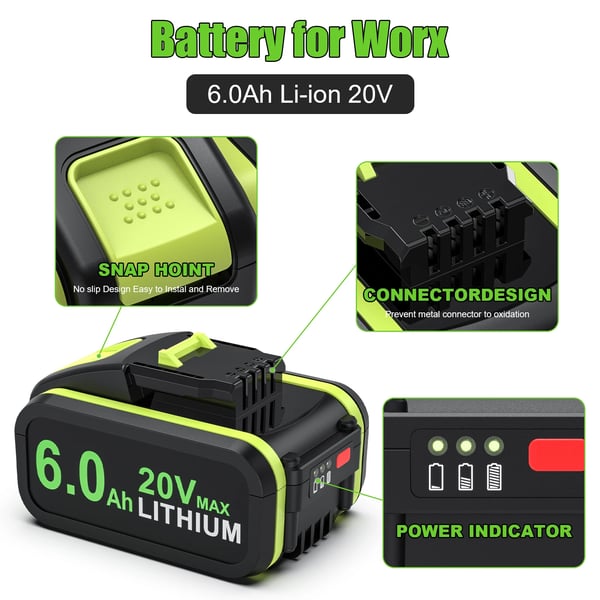 Til Worx 20V, Li‑ion erstatningsbatteri 6,0Ah, kompatibel med WA3551/WA3551.1/WX176/WX242, grå