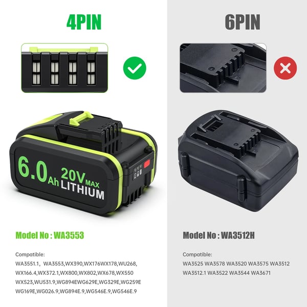 Til Worx 20V, Li‑ion erstatningsbatteri 6,0Ah, kompatibel med WA3551/WA3551.1/WX176/WX242, grå