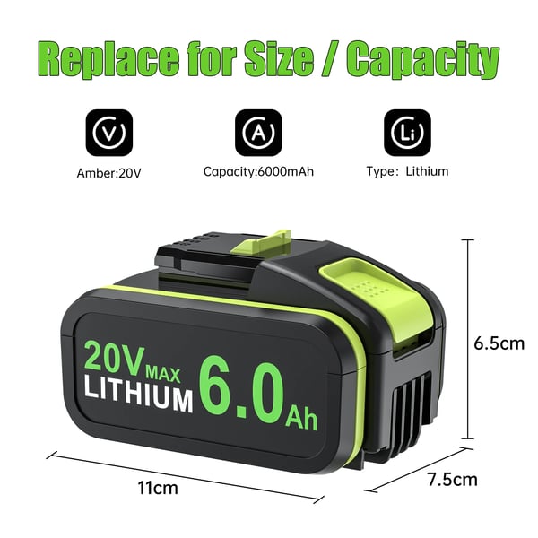 Til Worx 20V, Li‑ion erstatningsbatteri 6,0Ah, kompatibel med WA3551/WA3551.1/WX176/WX242, grå