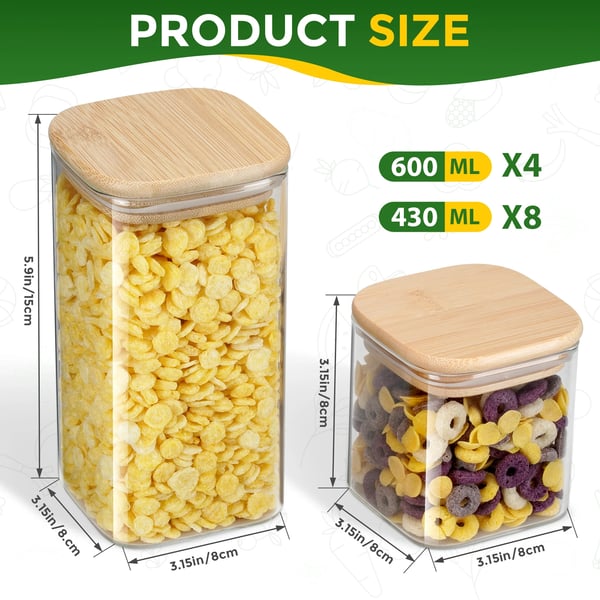 Firkantede glasopbevaringskrukker - Opbevaringsglas - 12-pak - Lufttætte - Stabelbare - 8×430 ml + 4×600 ml - Bambuslåg - Klar