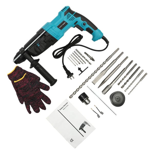 Elektrisk borehammer, 3‑i‑1‑funktion, 800 W ren kobbermotor, 0–1200 o/min, med kuffert, blå