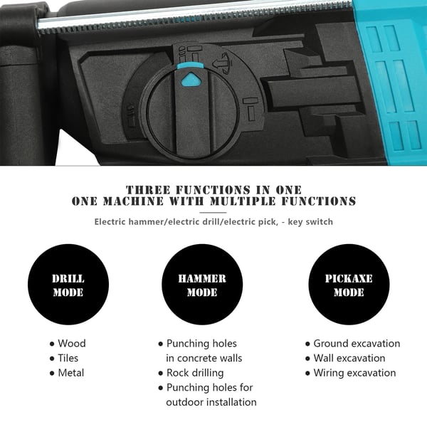 Elektrisk borehammer, 3‑i‑1‑funktion, 800 W ren kobbermotor, 0–1200 o/min, med kuffert, blå