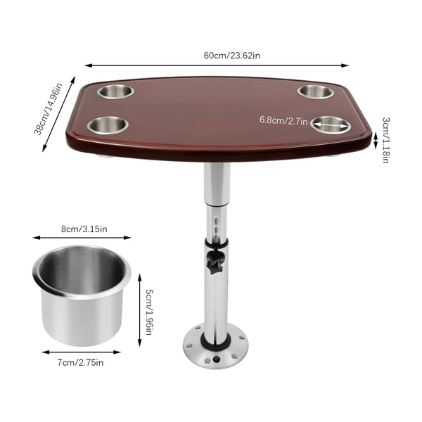 Autocamperbord - Dinettebord - 60×38 cm - Højdejusterbar - 4 kopholdere - Lakeret eg - Camel