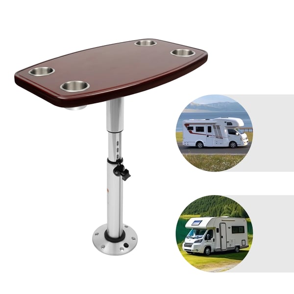 Autocamperbord - Dinettebord - 60×38 cm - Højdejusterbar - 4 kopholdere - Lakeret eg - Camel