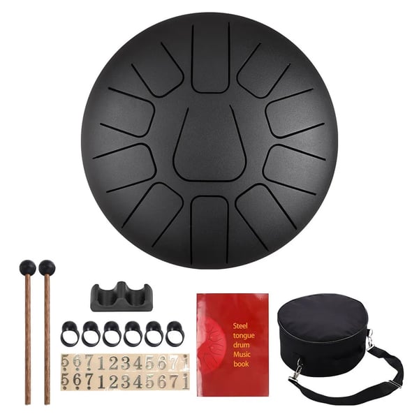 Steel Tongue Drum - Tanktromme - 25 cm - 11 toner - Med køller, fingerplektre, polstret bæretaske - Sort