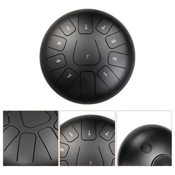 Steel Tongue Drum - Tanktromme - 25 cm - 11 toner - Med køller, fingerplektre, polstret bæretaske - Sort