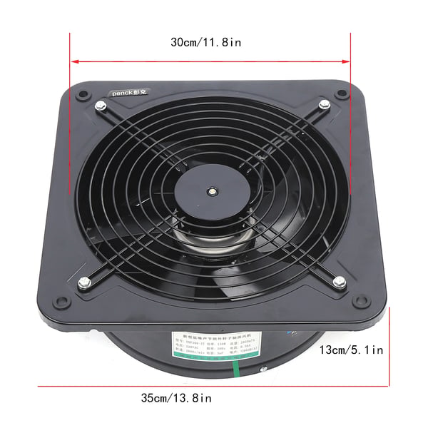 Aksial ventilator, vægmonteret metal 300 mm, 150 W 220 V, 2850ML/h luftflow, industriel udsugning, sort