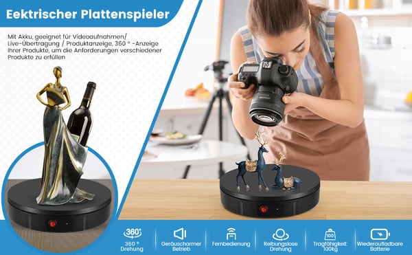 Elektrisk drejeskive - Smykkedisplay - 100 kg bæreevne - 30 cm diameter - 360° rotation - Genopladeligt batteri - EU 220V - Hvid