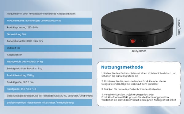 Elektrisk drejeskive - Smykkedisplay - 100 kg bæreevne - 30 cm diameter - 360° rotation - Genopladeligt batteri - EU 220V - Hvid