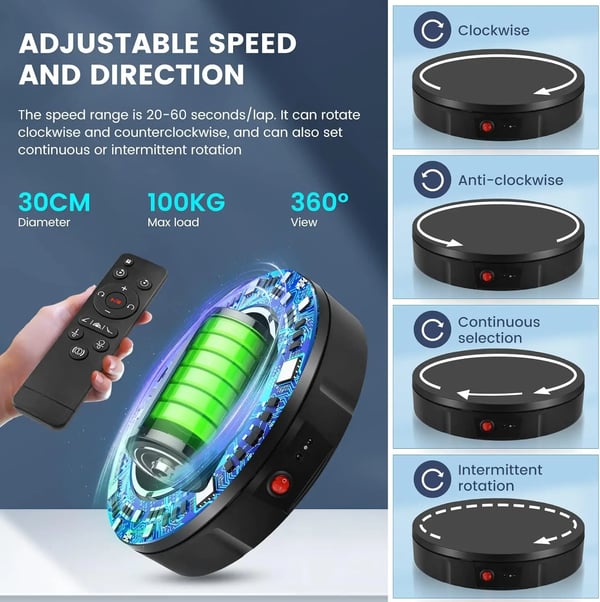 Elektrisk drejeskive - Smykkedisplay - 100 kg bæreevne - 30 cm diameter - 360° rotation - Genopladeligt batteri - EU 220V - Hvid