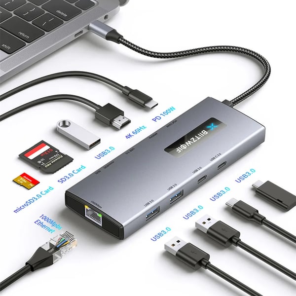 USB-C Hubi - 10-in-1 Telakka - PD 100W - HDMI 4K@60Hz - RJ45 Ethernet - SD/TF Kortinlukija - USB 3.0 Portit - Valkoinen