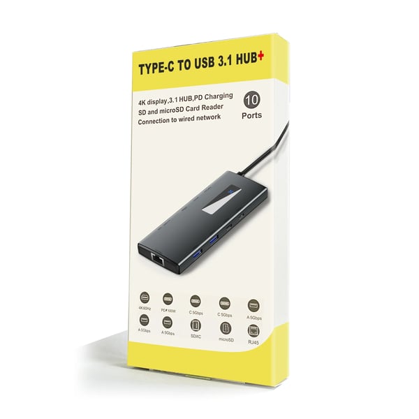 USB-C Hubi - 10-in-1 Telakka - PD 100W - HDMI 4K@60Hz - RJ45 Ethernet - SD/TF Kortinlukija - USB 3.0 Portit - Valkoinen