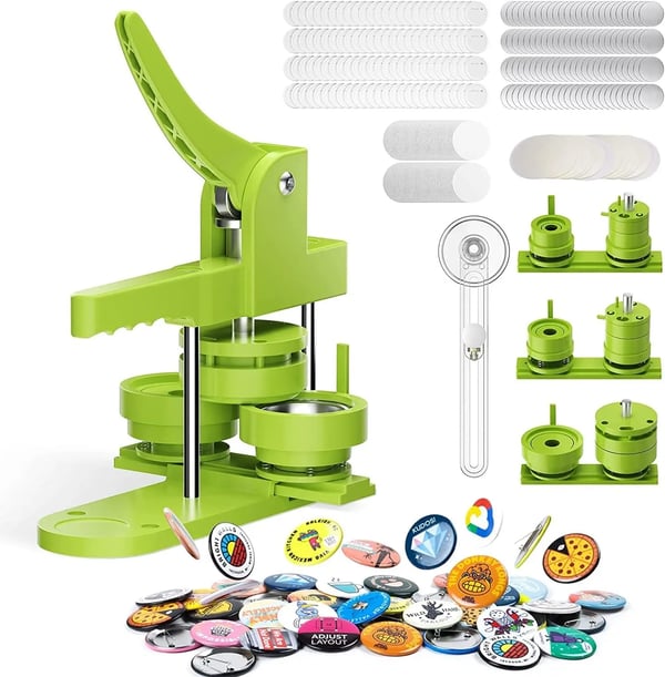 Knappmaskin - Badge Maker Kit - Formar 58/32/25 mm - 300 plastknappar - Skärverktyg - Grön