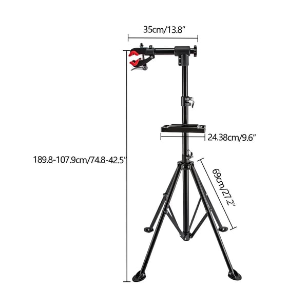 Polkupyörän korjausteline - Työjalusta - Kantavuus 30 kg - Säädettävä 108–190 cm - Puristintangon 35 cm - Työkaluallas 24,4 cm - Rauta + ABS