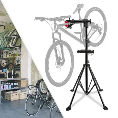 Polkupyörän korjausteline - Työjalusta - Kantavuus 30 kg - Säädettävä 108–190 cm - Puristintangon 35 cm - Työkaluallas 24,4 cm - Rauta + ABS