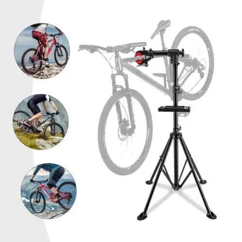 Polkupyörän korjausteline - Työjalusta - Kantavuus 30 kg - Säädettävä 108–190 cm - Puristintangon 35 cm - Työkaluallas 24,4 cm - Rauta + ABS