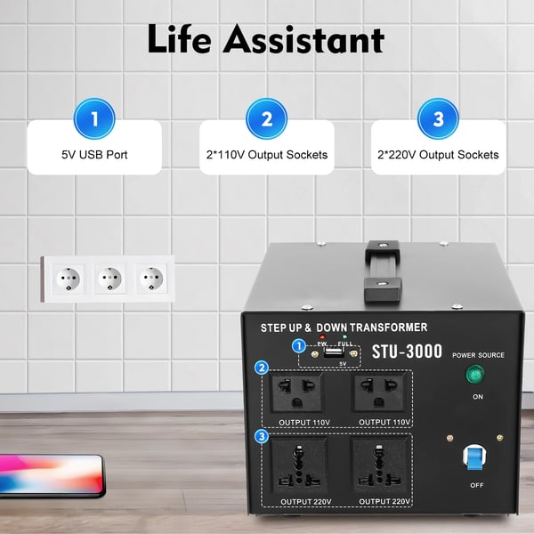 Spændingsomformer - STU-3000 - 3000 W - Step-up/Step-down - Indgang 110/200/220/240 V - Udgang 110/220 V - Sort